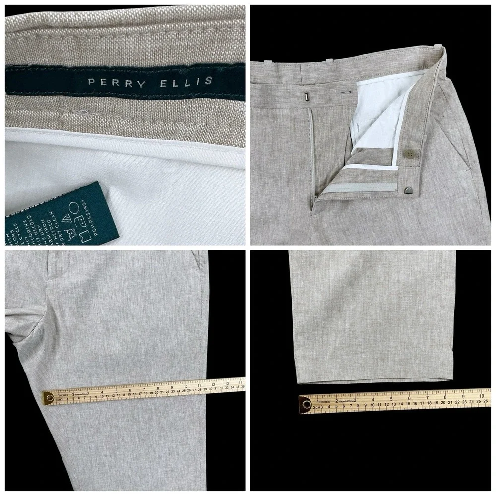 Perry Ellis Pants Men 34x30 (ACTUAL 34x29) Beige Linen Blend Straight Trousers
